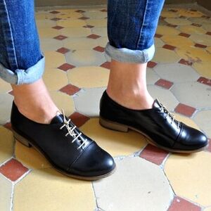 JULIA BO Classic Gatsby Oxfords Black Leather Women's Shoes